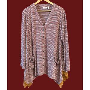 LOGO Lori Goldstein Striped Cardigan Lace Hem Pockets Boho Chic Size 1X